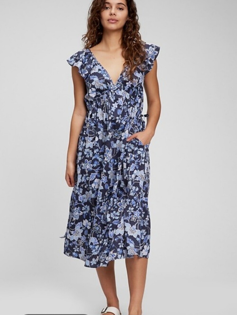 Gap Blue Floral Ruffle Midi Dress Size Large Tall (L Tall)
